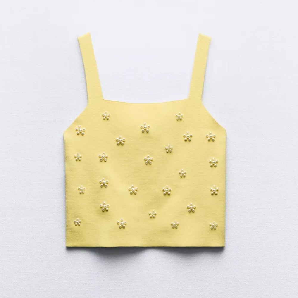 Zara Yellow Floral pearl Embellished knit Crop Top
